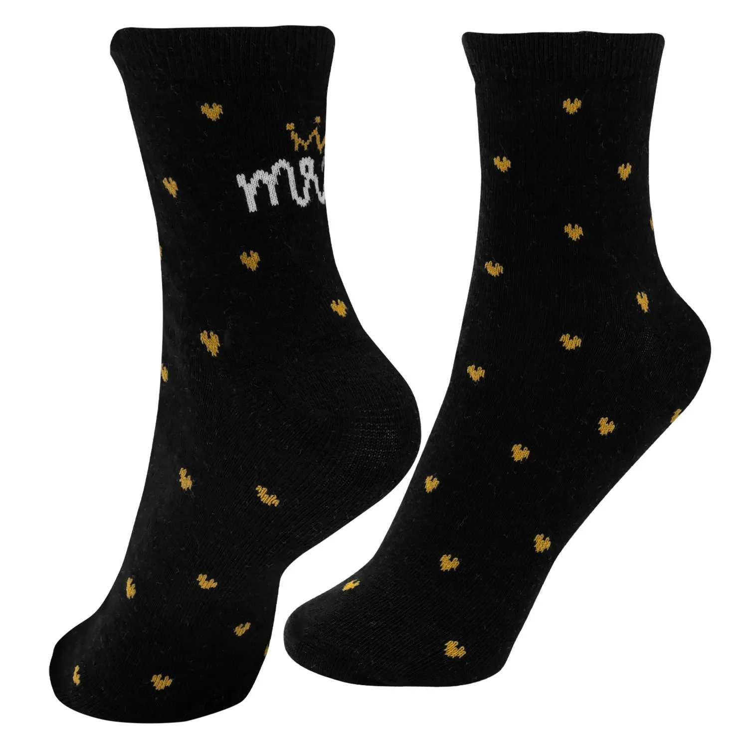 Schwarze Zaubersocken mit goldenen Herzen und Mr./Mrs.-Aufdruck, weiches Set für Paare