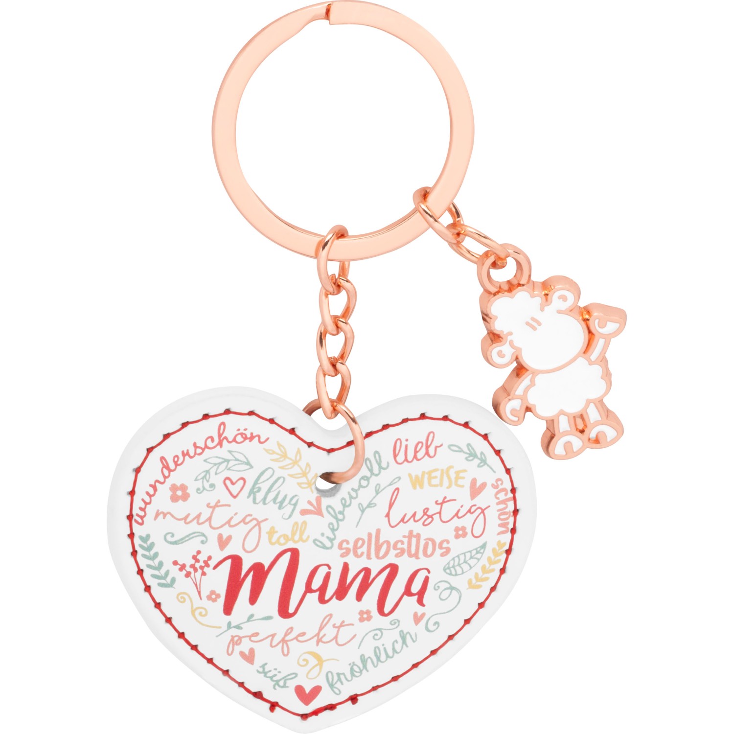 Herzförmiger Schlüsselanhänger mit buntem Mama-Schriftzug und Roségold-Charm