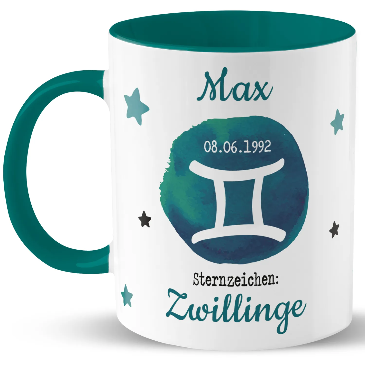 Tasse mit Sternzeichen »Zwillinge«, mit Namen und Geburtsdatum, petrol, personalisiert