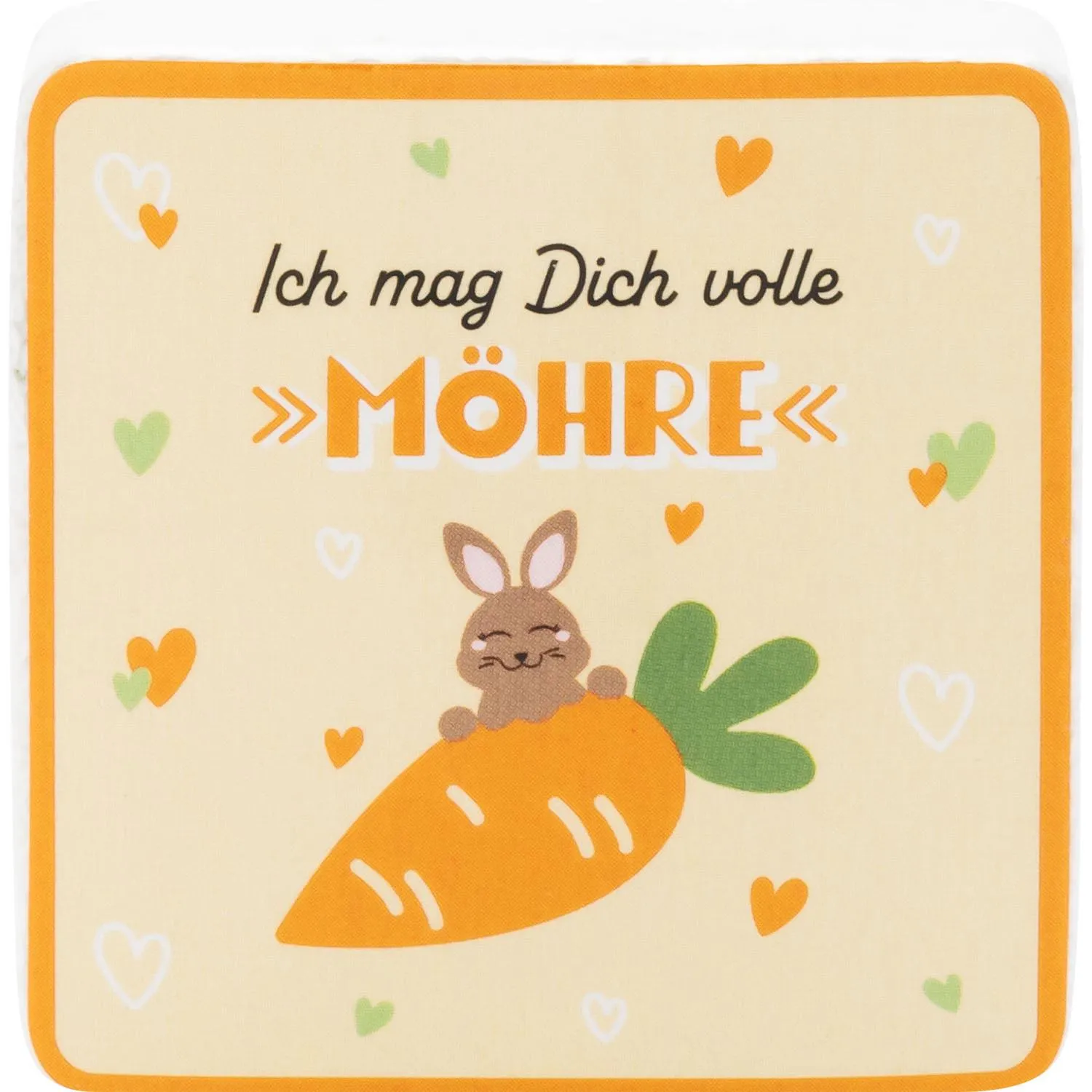 Zauberhandtuch mit Häschen auf einer Möhre, 'Ich mag Dich volle Möhre', 30x30 cm