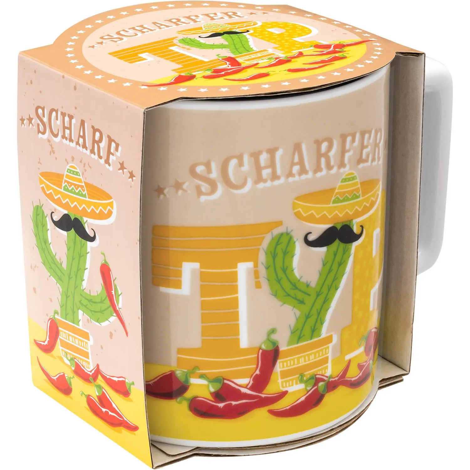 Porzellan-Tasse mit Kaktus-Sombrero-Motiv und Geschenkverpackung in Pastellrosa