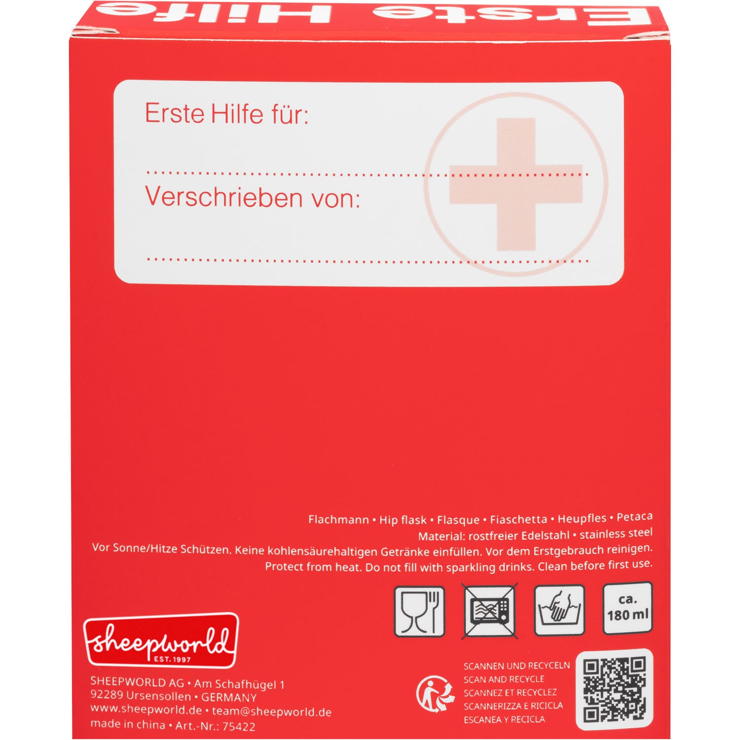 Roter Flachmann in roter Verpackung mit Erste-Hilfe-Motiv und Kreuzsymbol