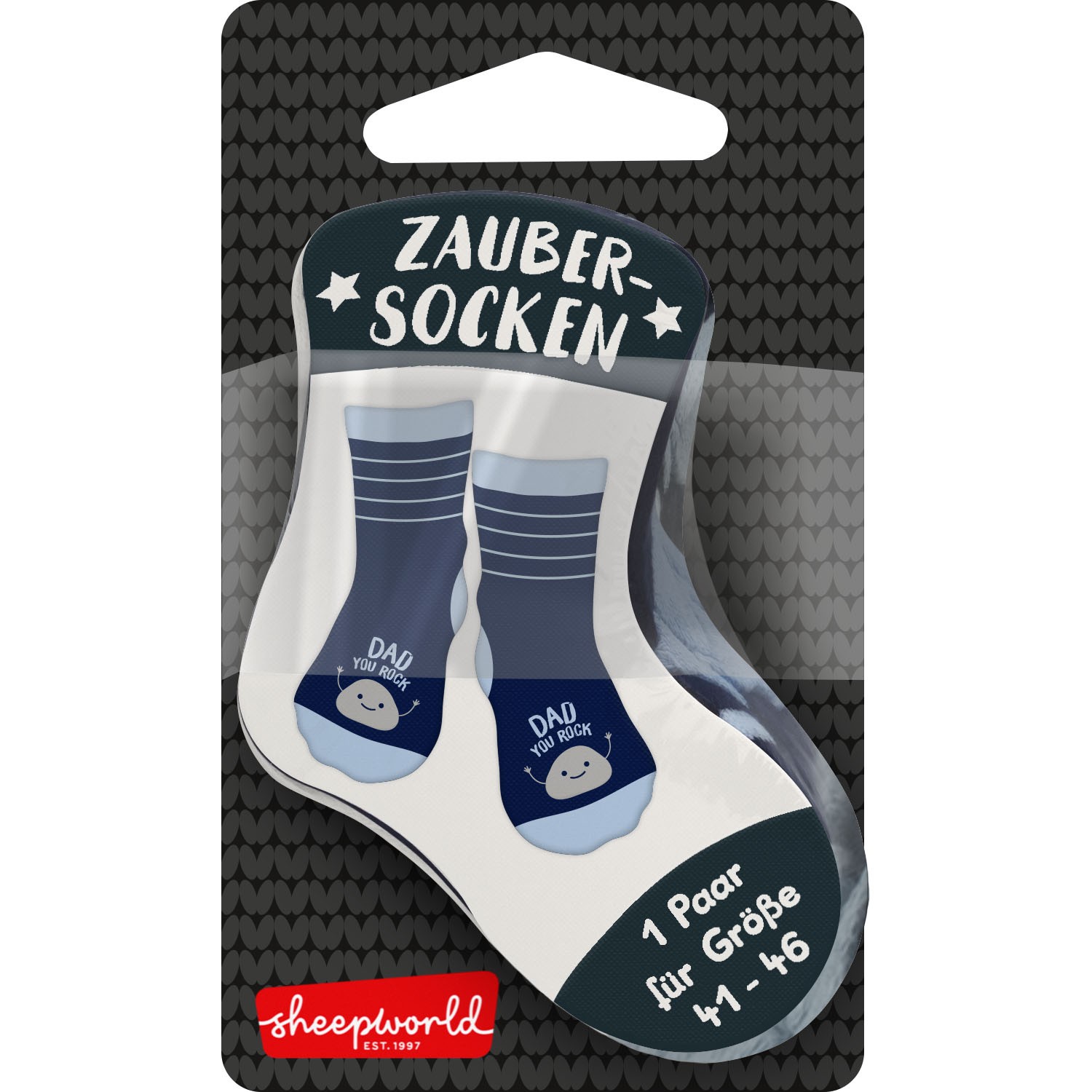 Zaubersocken 'Dad you rock' in blau-weiß mit Schaf-Motiv
