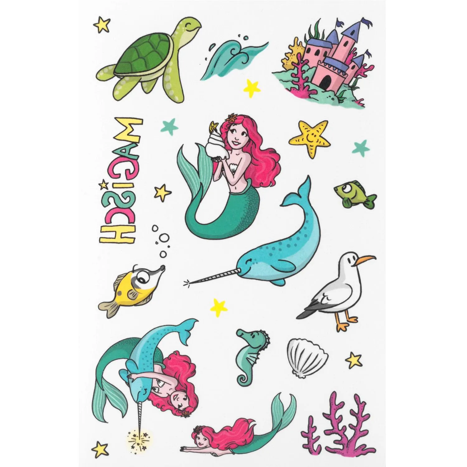 Kindertattoos Meerjungfrau – zwei Motivbögen mit bunten Unterwasser-Motiven.