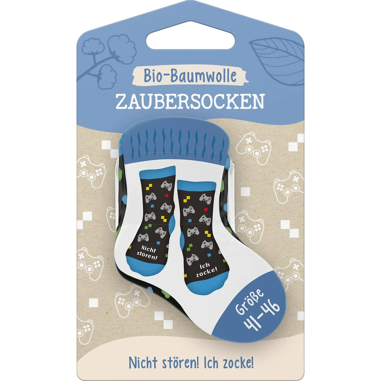 Schwarze Zaubersocken mit Gaming-Motiv und blauem Detail, Bio-Baumwolle, Größe 41-46