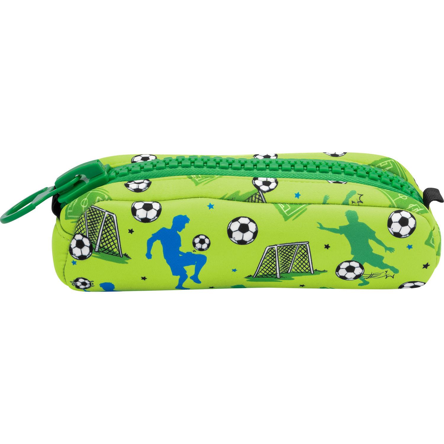 Neongrünes Federmäppchen mit Fußballmotiven und Reißverschluss
