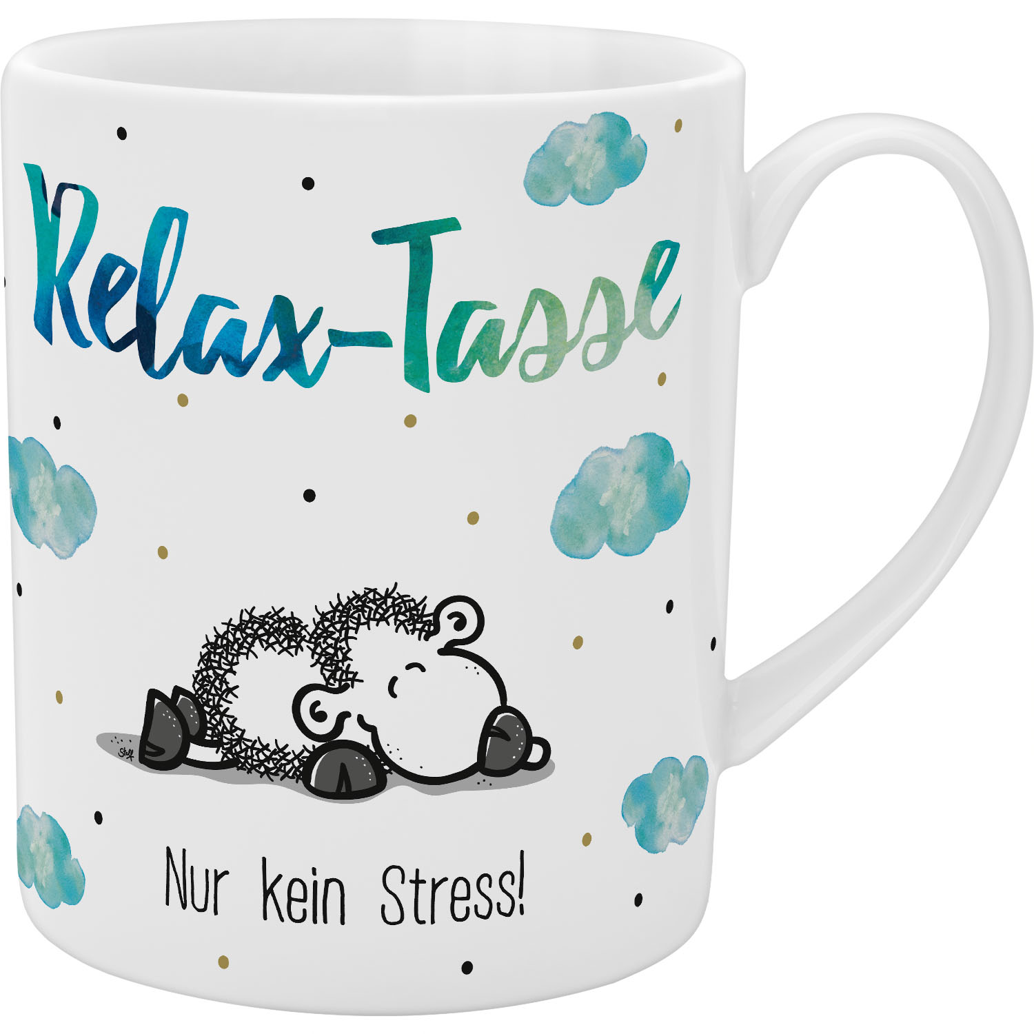 Weiße Relax-Tasse mit schlafendem Schäfchen und Wolkenmotiv
