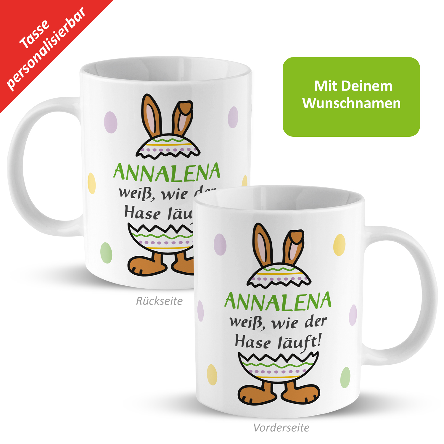 Personalisierbare Porzellan-Tasse mit Osterhase, bunten Eiern und Namenszug.