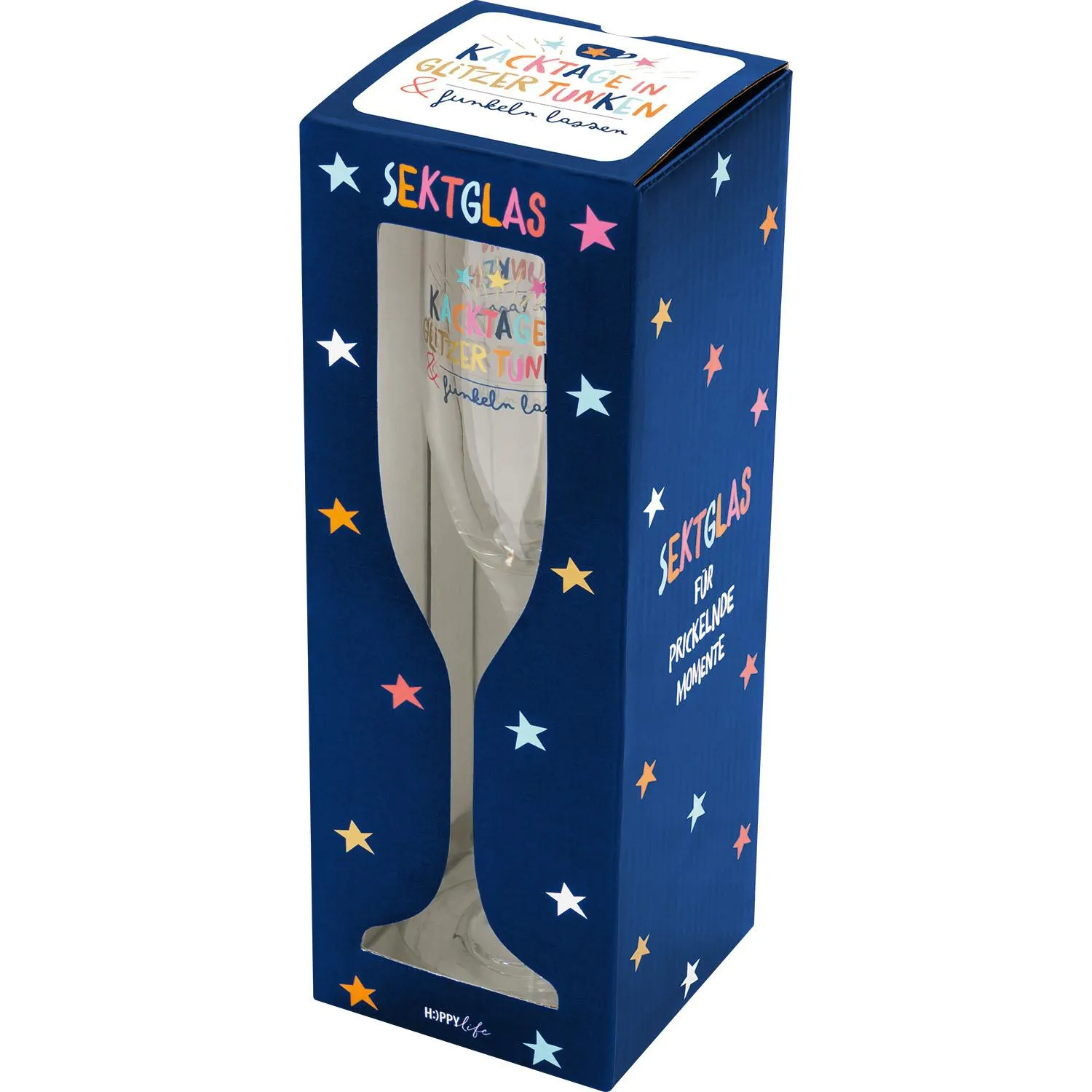 Sektglas mit frechem Spruch in Golddruck in Geschenkbox