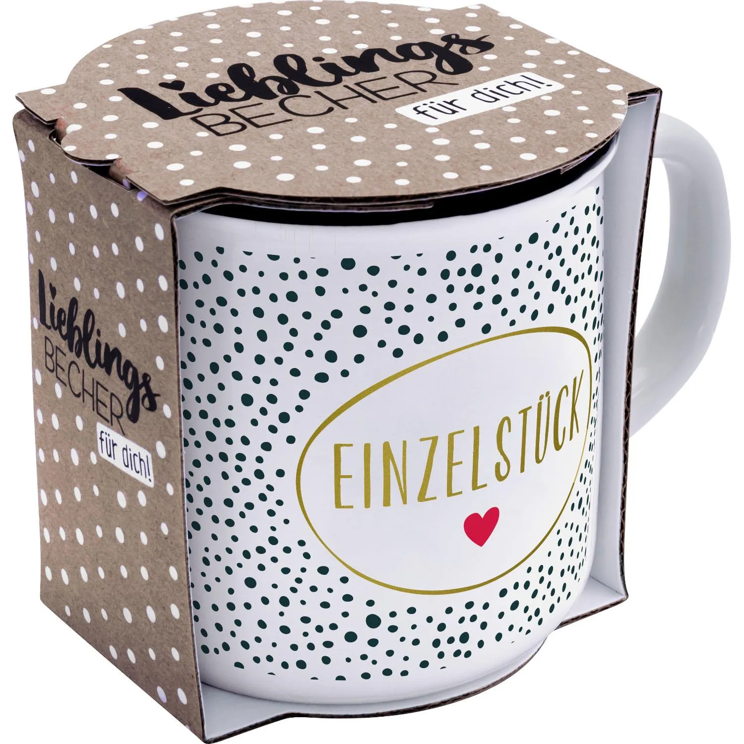 Weiße Porzellantasse mit grünen Punkten, goldenem Oval und rotem Herz, Geschenkband