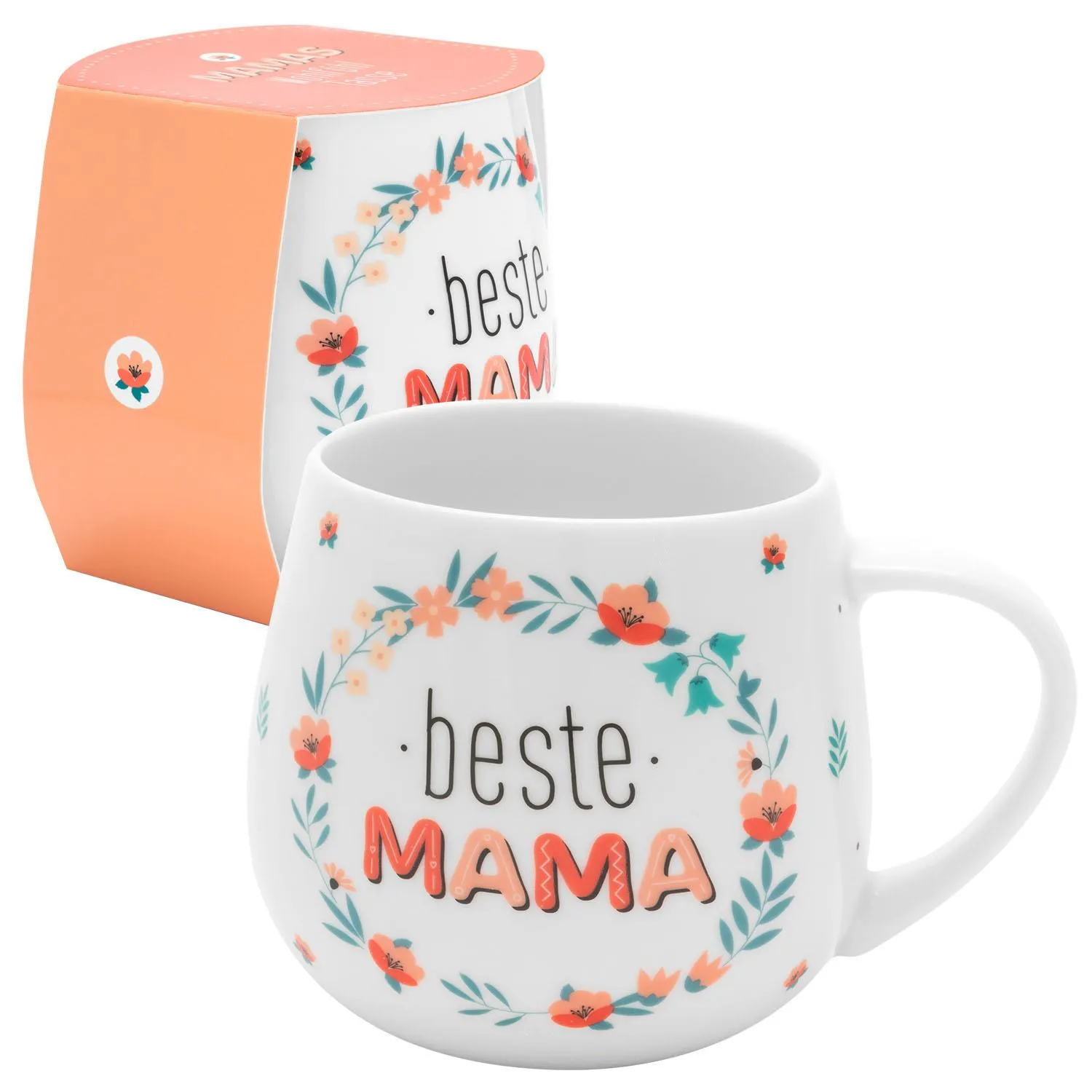 Weiße Porzellan-Tasse mit Blütenkranz und 'Beste Mama'-Schriftzug