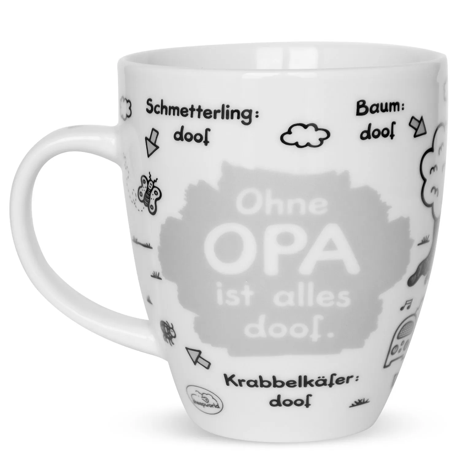 Weiße Porzellan-Tasse mit schwarzem Doodle-Spruch: Ohne OPA ist alles doof.