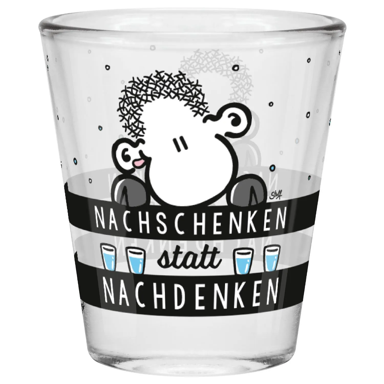 Schnapsglas mit Schaf-Motiv und Spruch 'Nachschenken statt Nachdenken'
