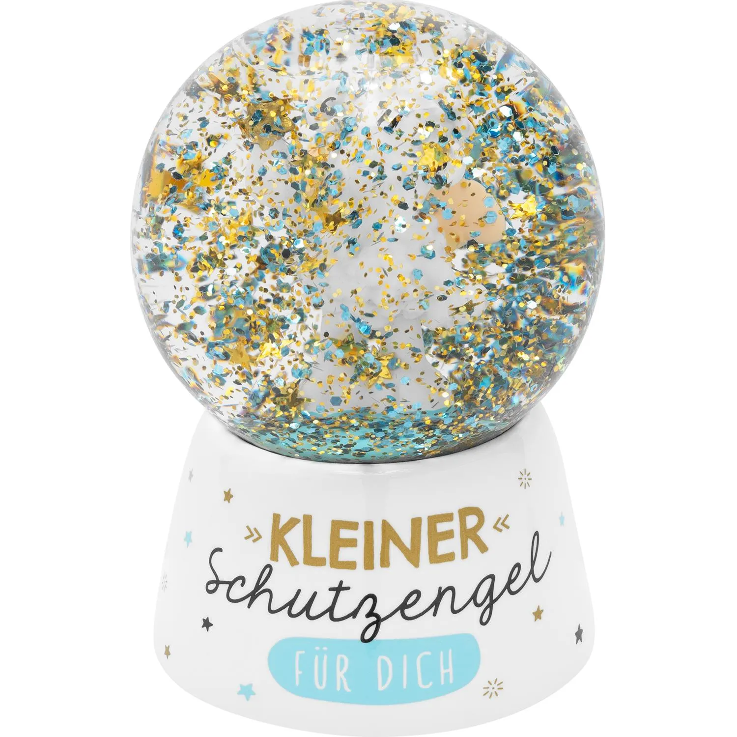 Schneekugel mit kleinem Schutzengel, goldener Schrift, blau-goldem Glitter, weiße Basis.
