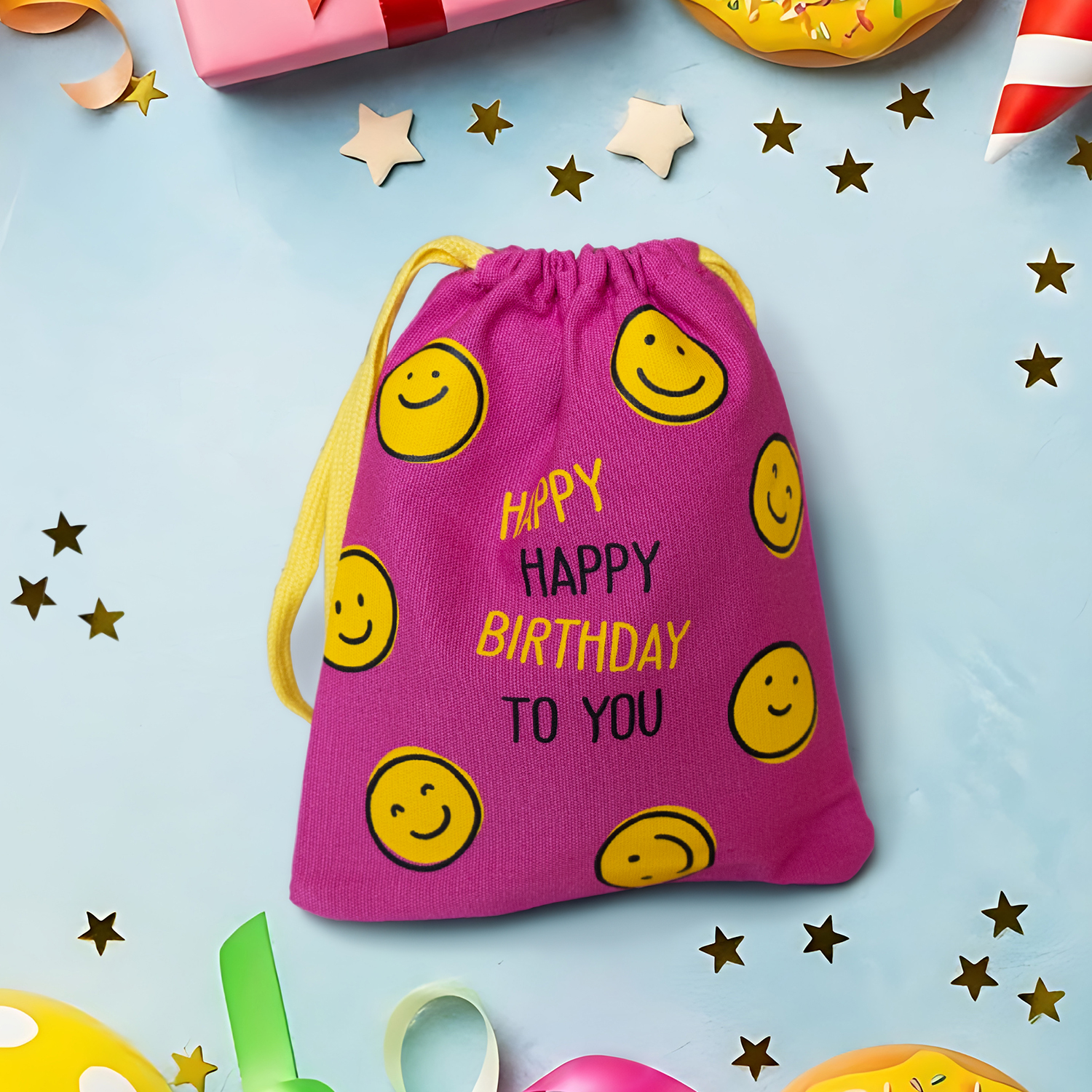 Rosa Geschenksäckchen mit gelben Smileys und dem Schriftzug Happy Birthday To You
