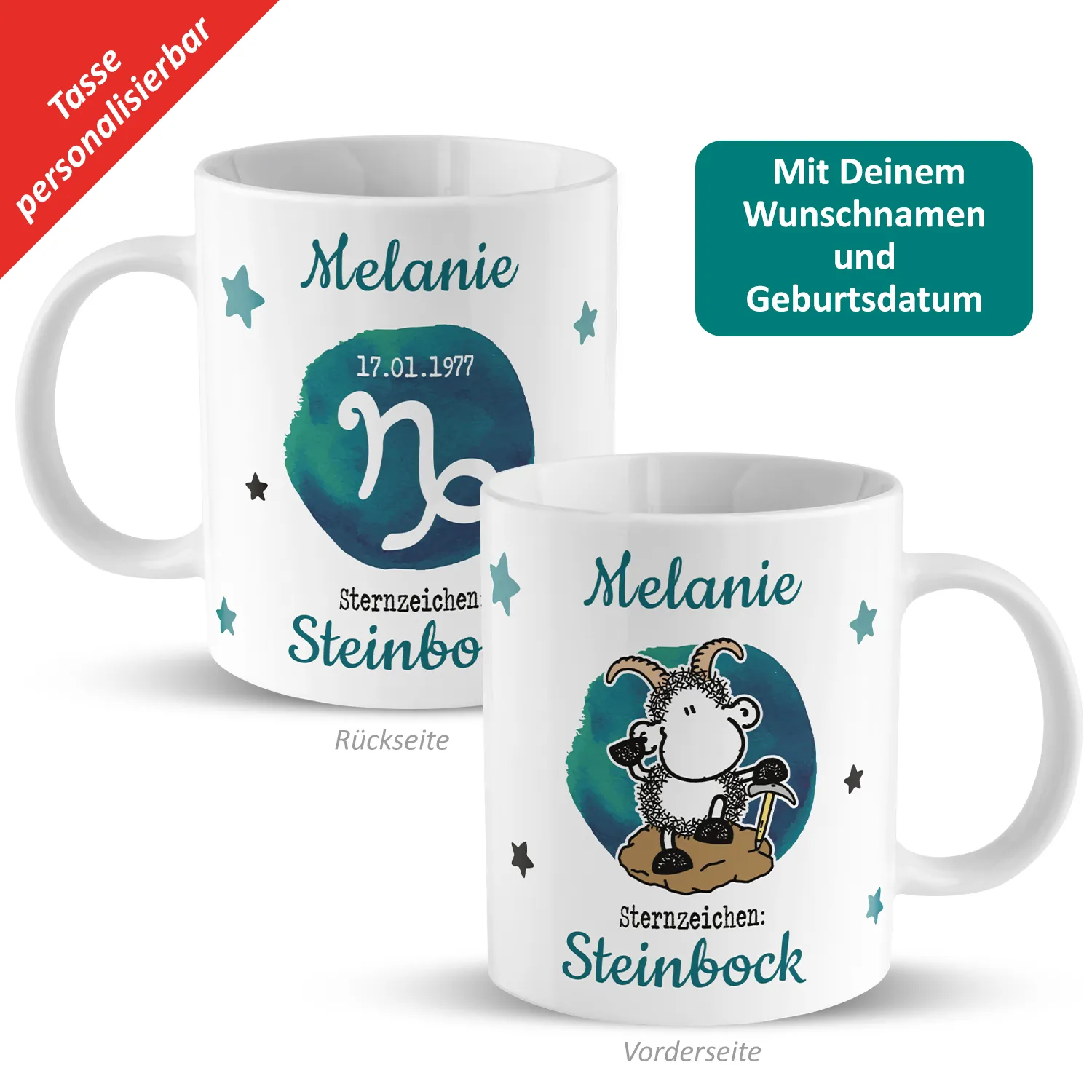 Tasse mit Sternzeichen »Steinbock«, mit Namen und Geburtsdatum, weiß, personalisiert