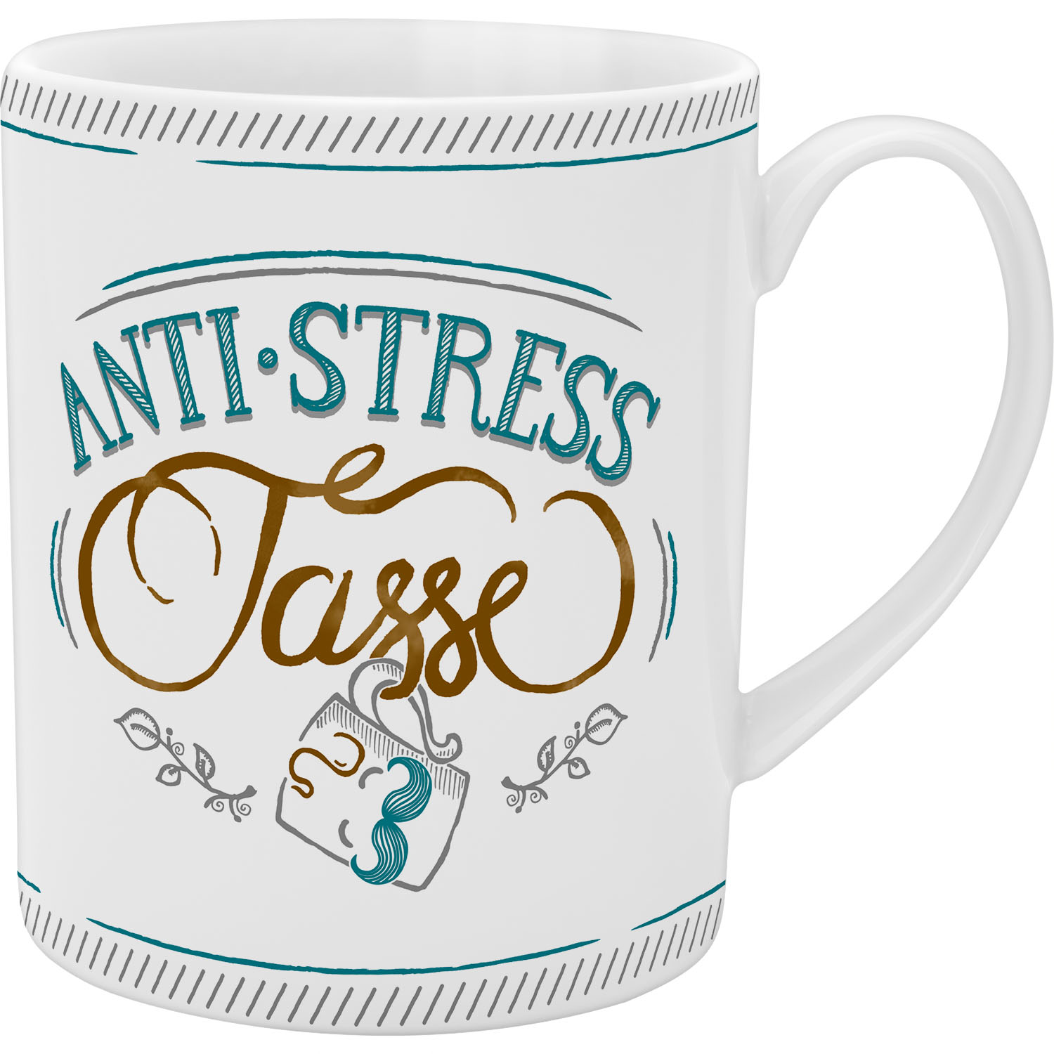 Weiße Porzellan-Tasse mit blauem Anti-Stress-Aufdruck und braunem Tasse-Motiv