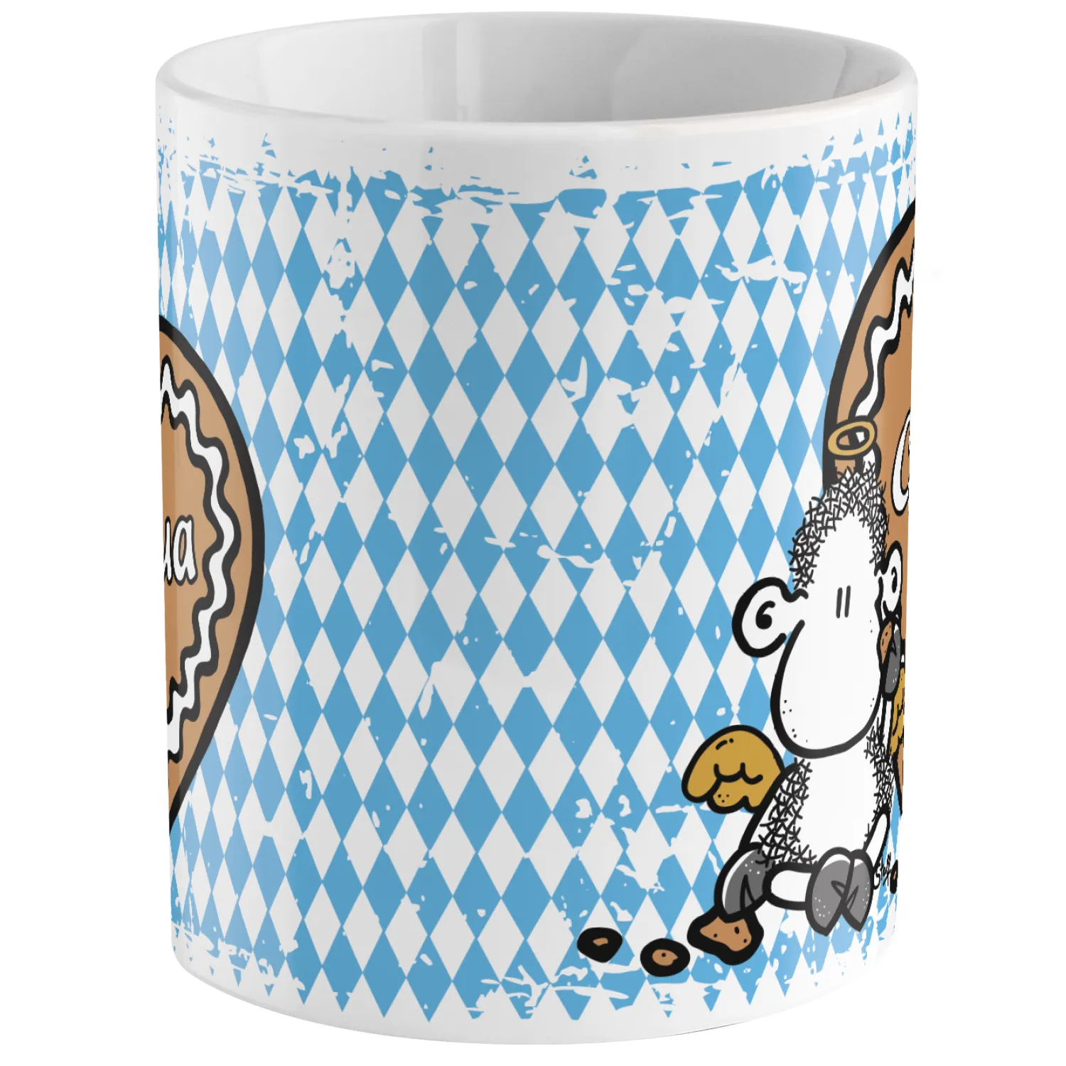 Weiße Keramiktasse mit blau-weißem Diamantmuster und Schäfchen-Motiv.