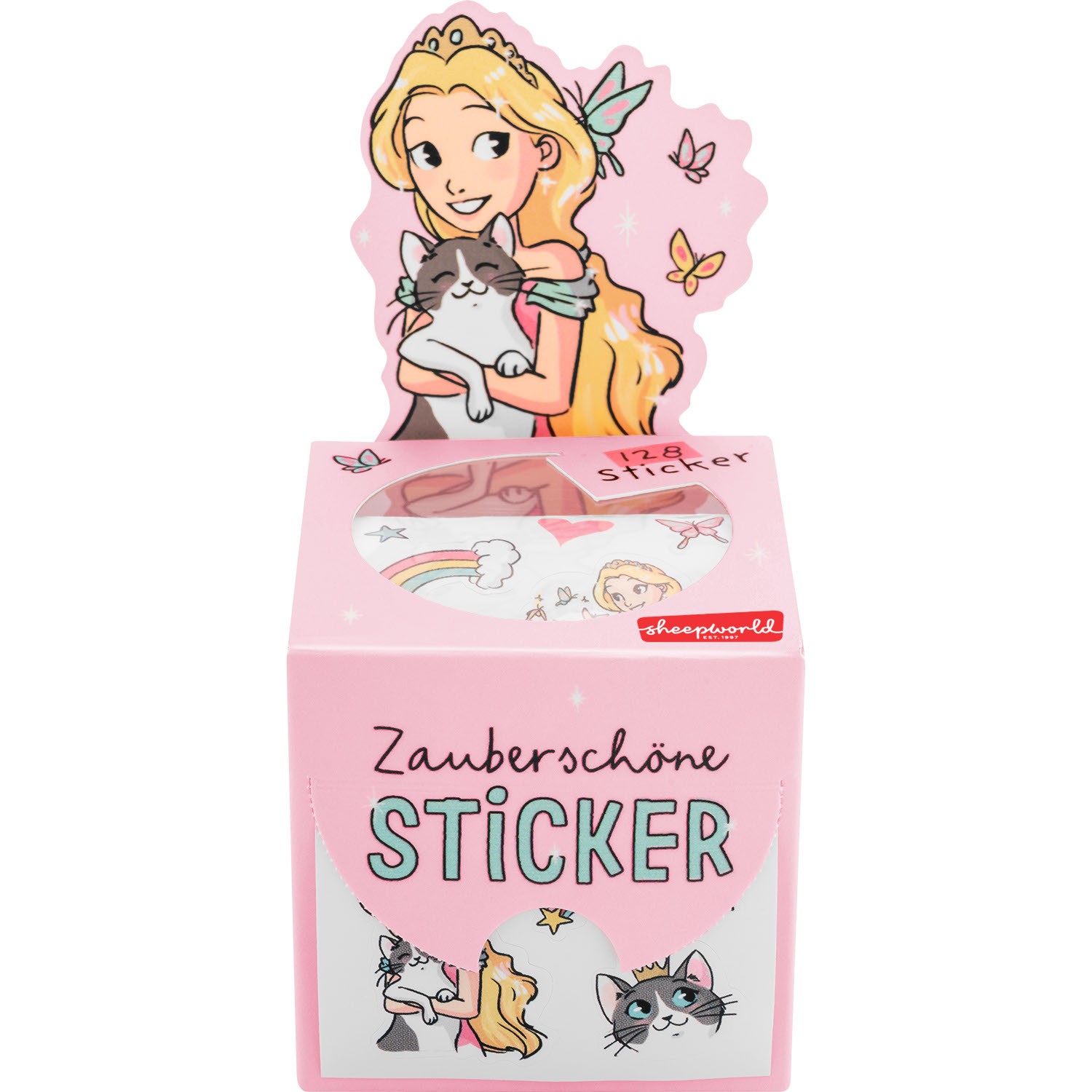 Rosa Stickerrolle mit Prinzessin und Katze, 128 Sticker, Geschenkbox
