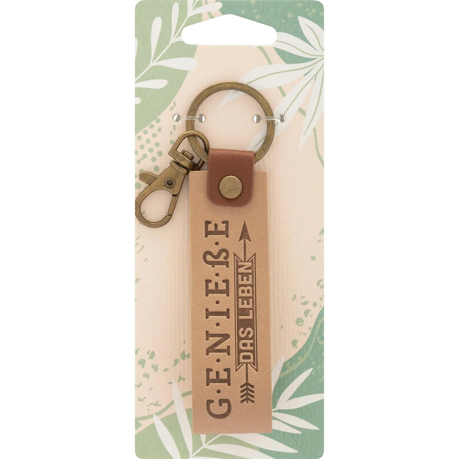 Kunstleder-Schlüsselanhänger mit Metallring und Schriftzug Genieße das Leben