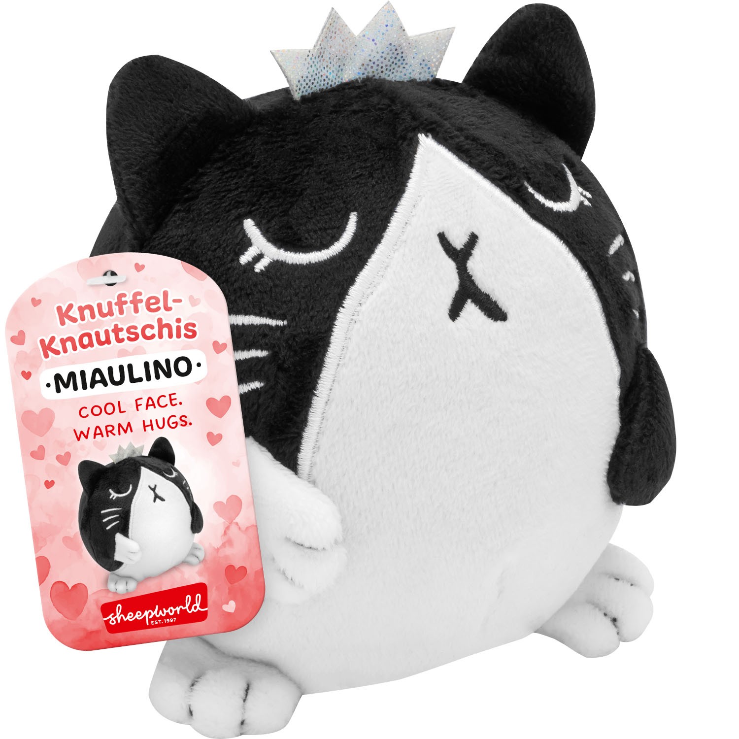 Schwarzes Katzen-Plüschtier Miaulino mit weißem Bauch und Glitzerkrone