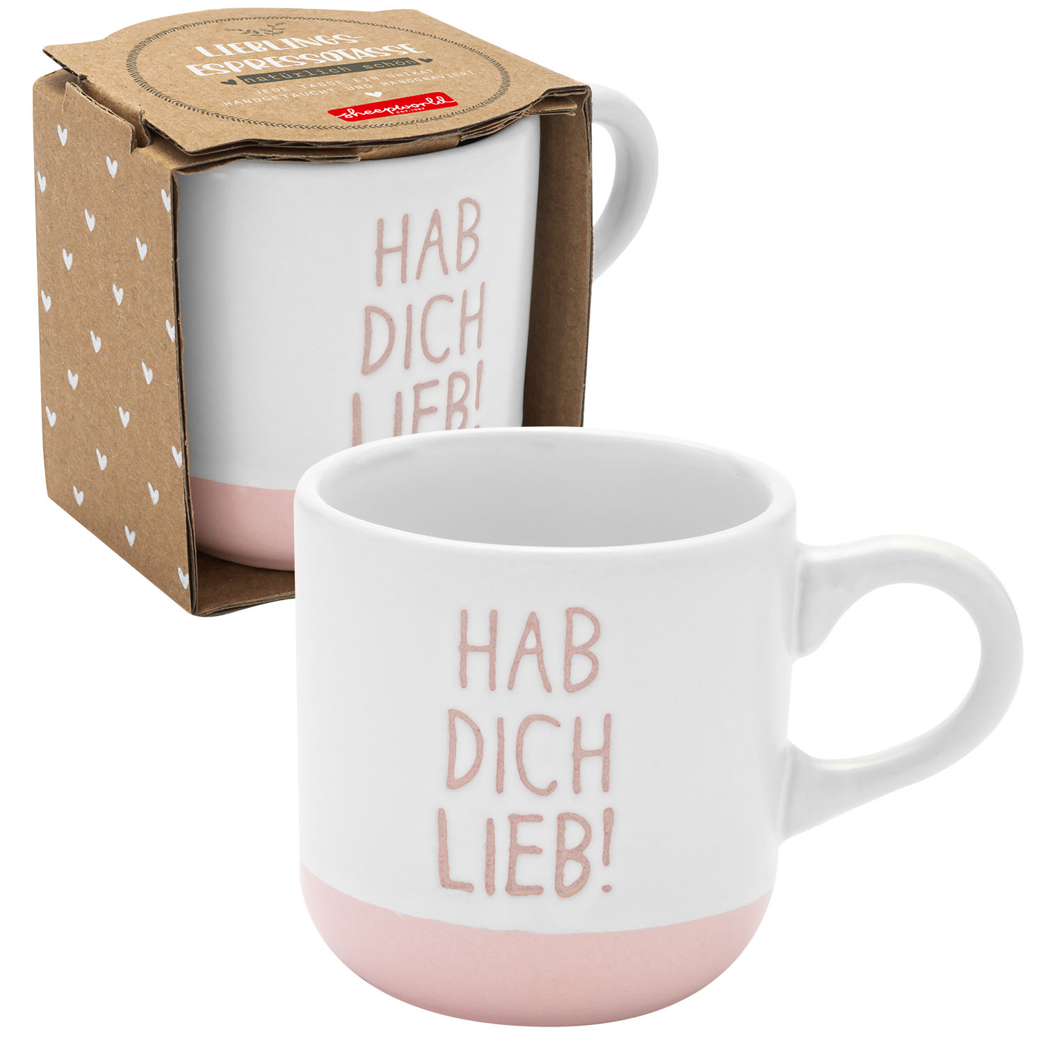 Weiße Keramik-Tasse mit rosafarbener Schrift 'Hab Dich Lieb!' und rosa Boden
