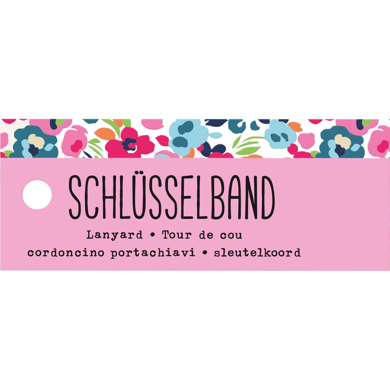 Pastellrosa Schlüsselband mit floralen Muster und goldenen Karabiner