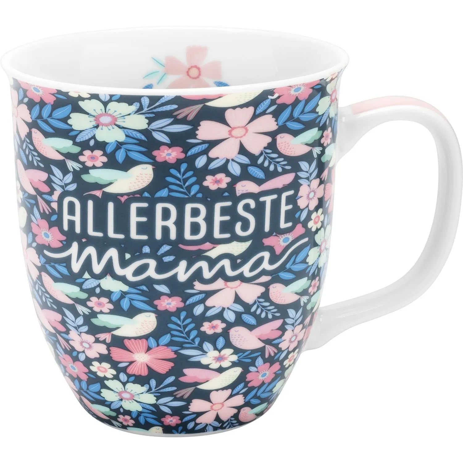 Allerbeste Mama Tasse mit dunkelblauem Blumenmuster und Innen-/Henkeldruck