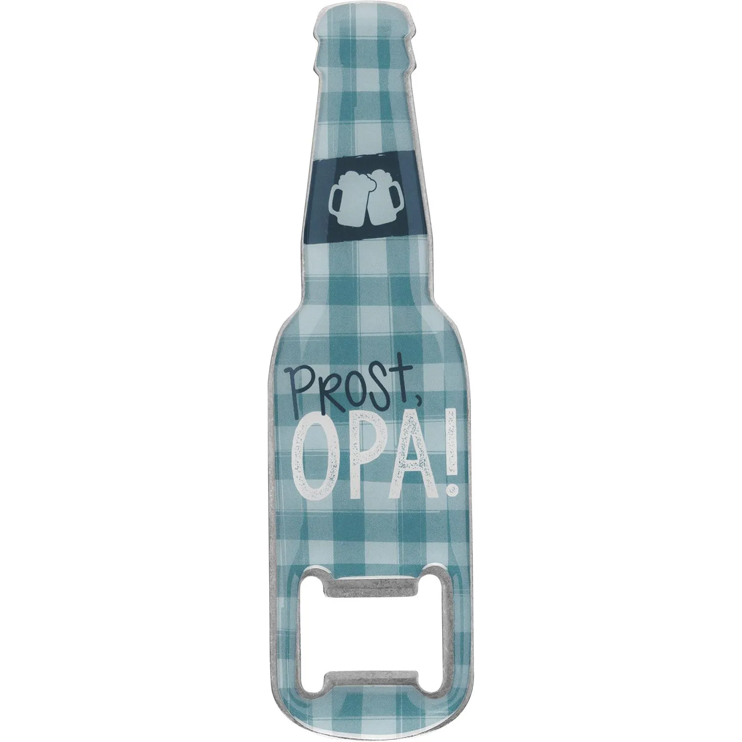Flaschenöffner in Flaschenform mit Karo-Design und Prost Opa-Text