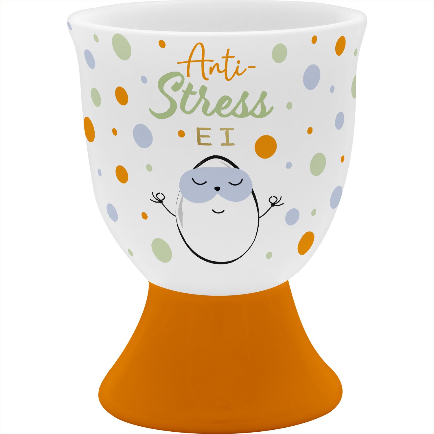 Weiße Porzellan-Eierbecher mit buntem Punktemuster und orangefarbenem Sockel – Anti-Stress Ei