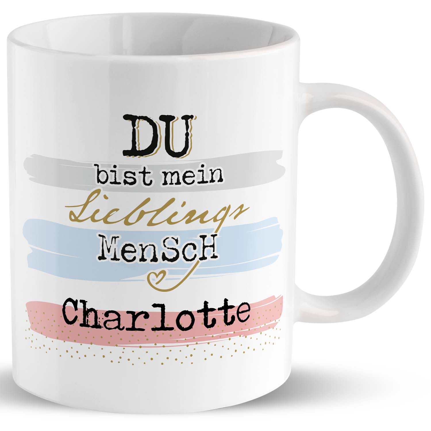 Weiße Porzellantasse mit personalisiertem Namensdruck 'Charlotte' und Pastellbändern.