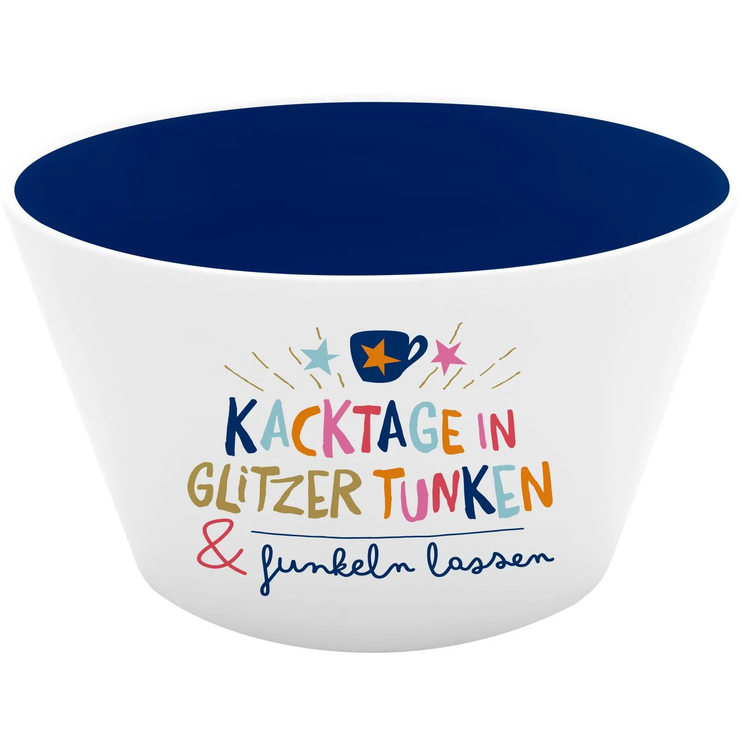 Weiße Porzellanschale mit blauem Innenraum und buntem Schriftzug