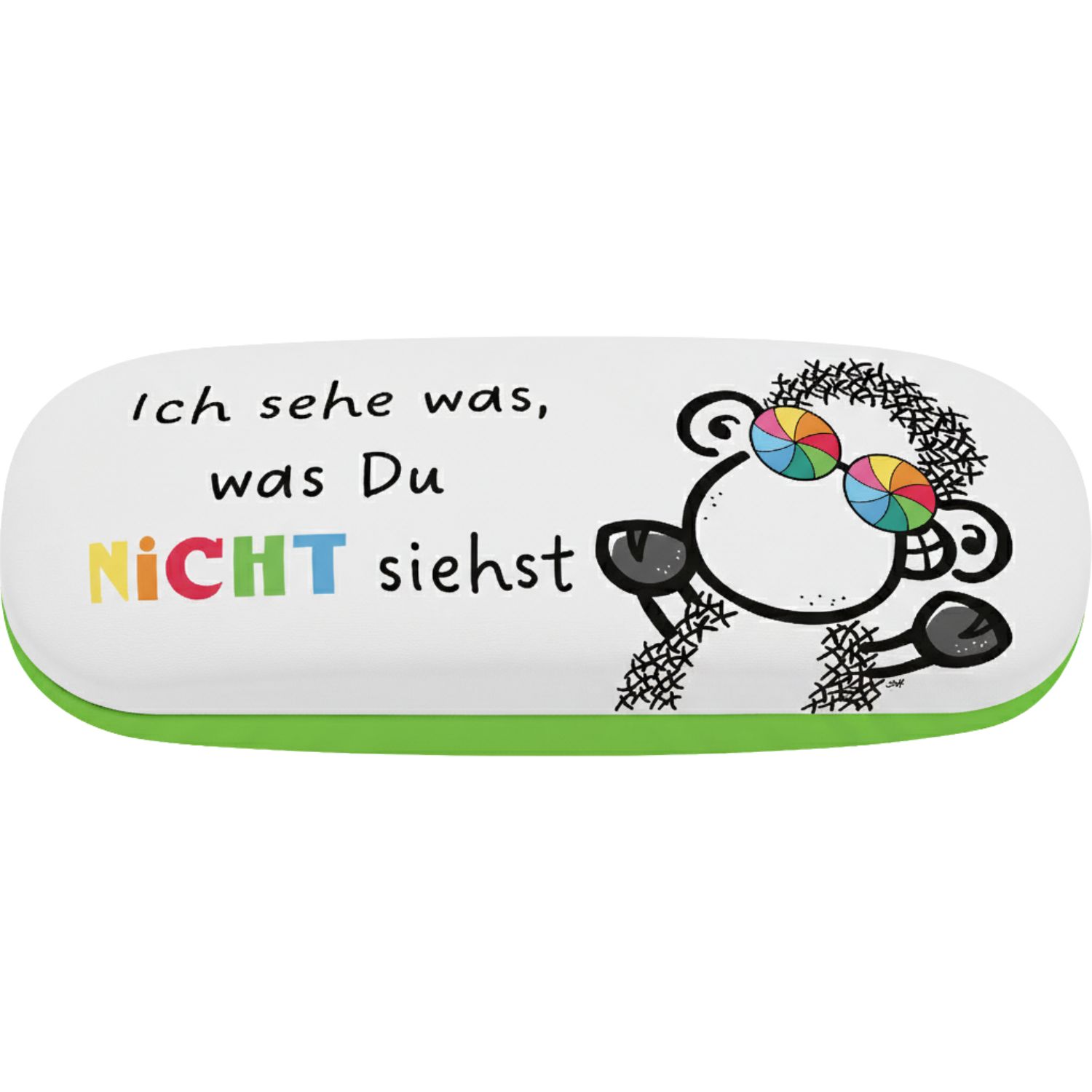 Weißes Brillenetui mit grünem Boden und Schaf-Motiv mit buntem Spruch