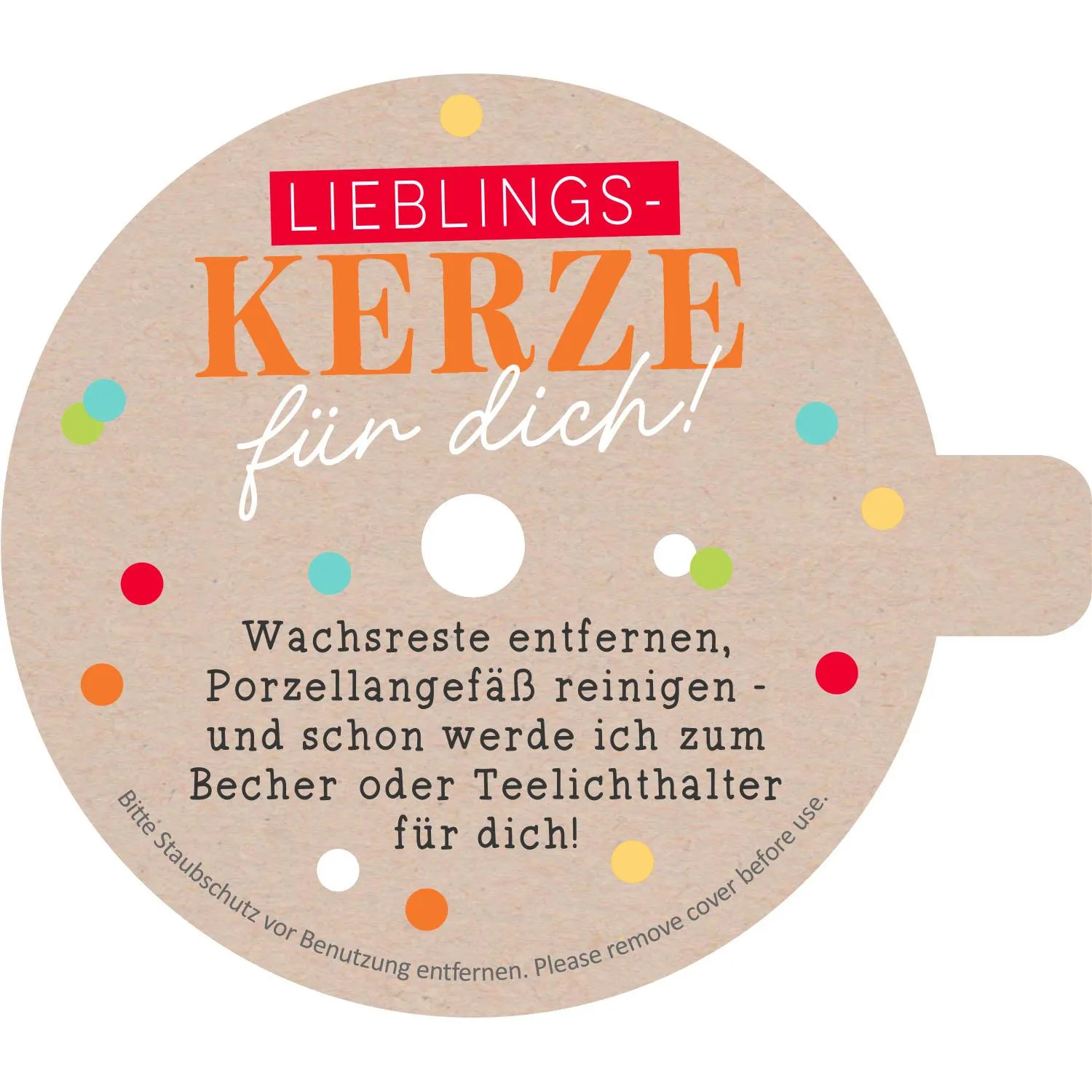 Runder Kraftpapier-Tag mit Schriftzug 'LIEBLINGS-KERZE für dich!' und bunten Farbflecken.