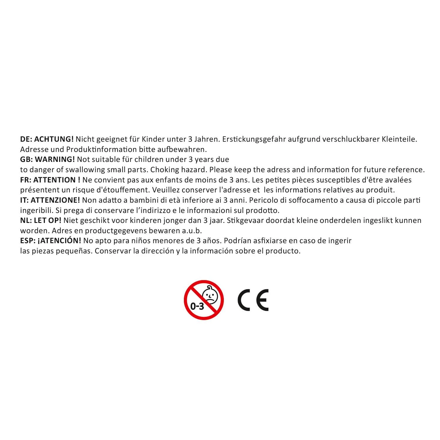 Weißes Verpackungsetikett mit Warnhinweisen, 0-3 Symbol und CE-Kennzeichen