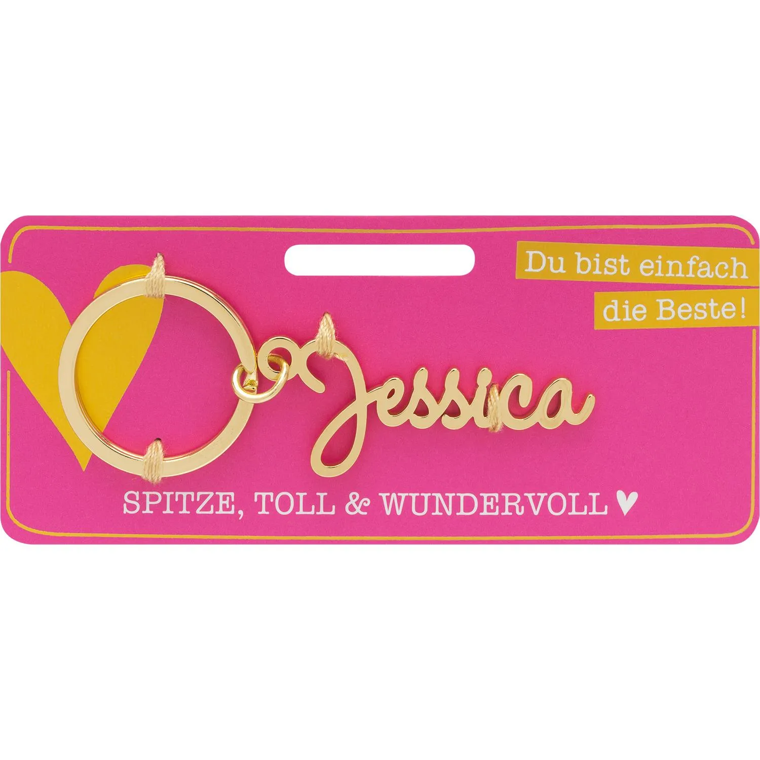 Schlüsselanhänger mit dem Namen Jessica aus Goldmetall an pinkem Namensschild.