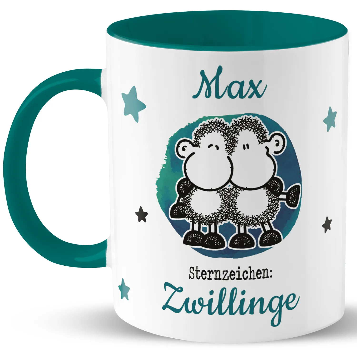 Personalisierte Porzellan-Tasse mit zwei Schafen und Sternzeichen Zwillinge, Name frei wählbar, teal Innenfarbe