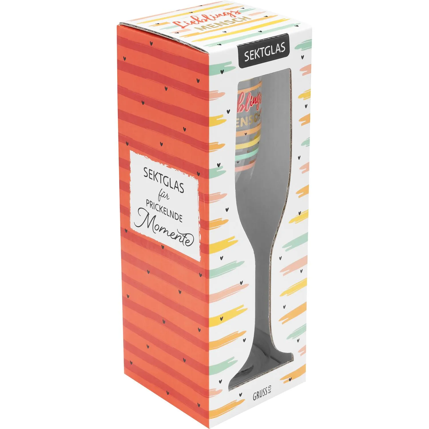 Sektglas mit Motivdruck Lieblingsmensch in bunter Geschenkverpackung