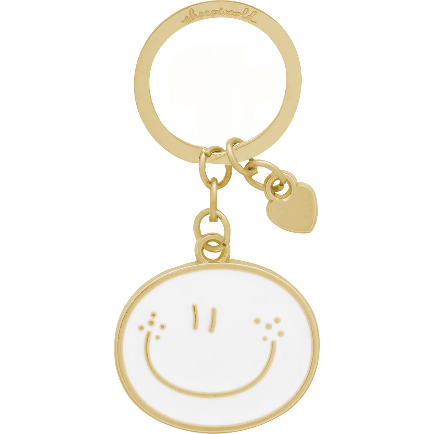 Goldfarbener Schlüsselanhänger mit runder weiß emaillierter Medaille und Smiley, Herz-Anhänger