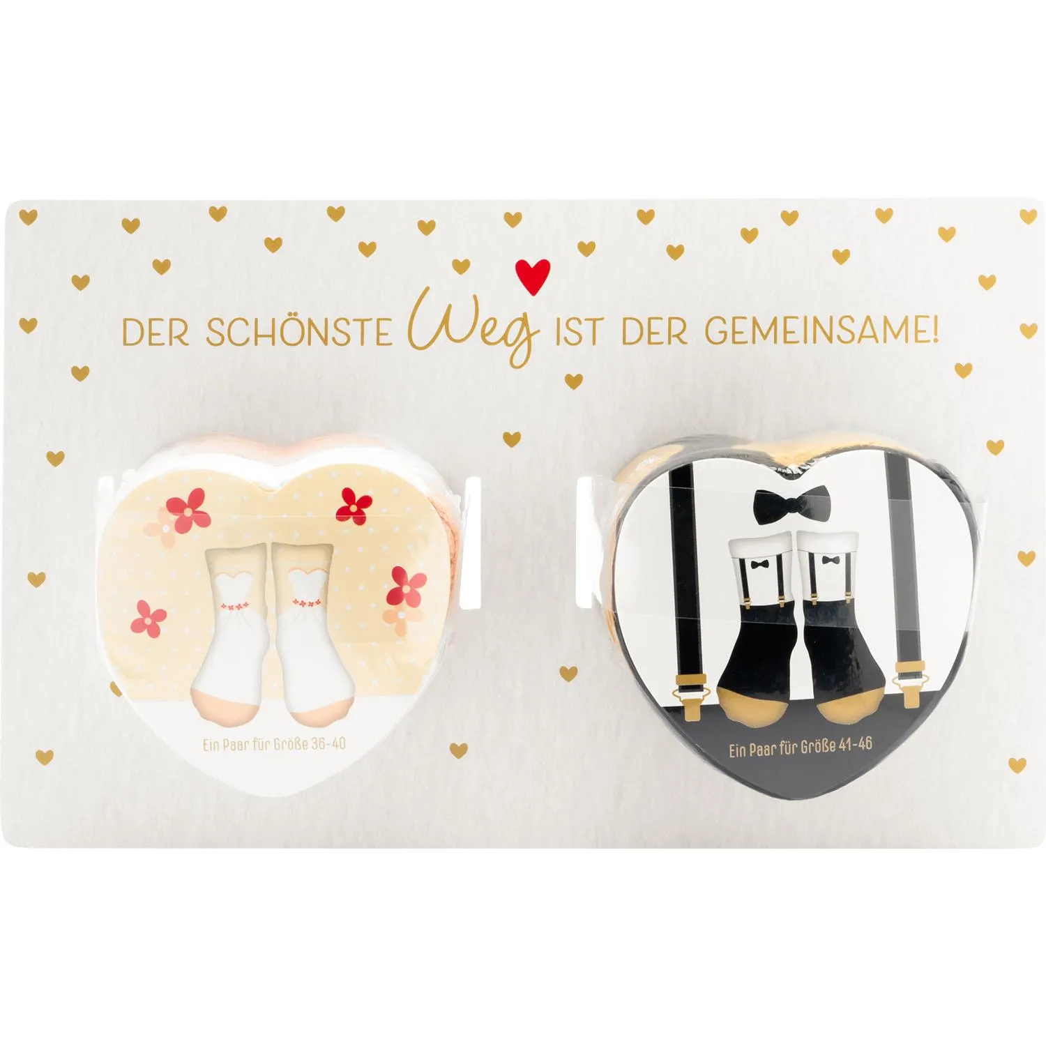 Zaubersocken-Set Hochzeit: zwei Paar Socken im Hochzeits-Outfit-Design in Herz-Box.