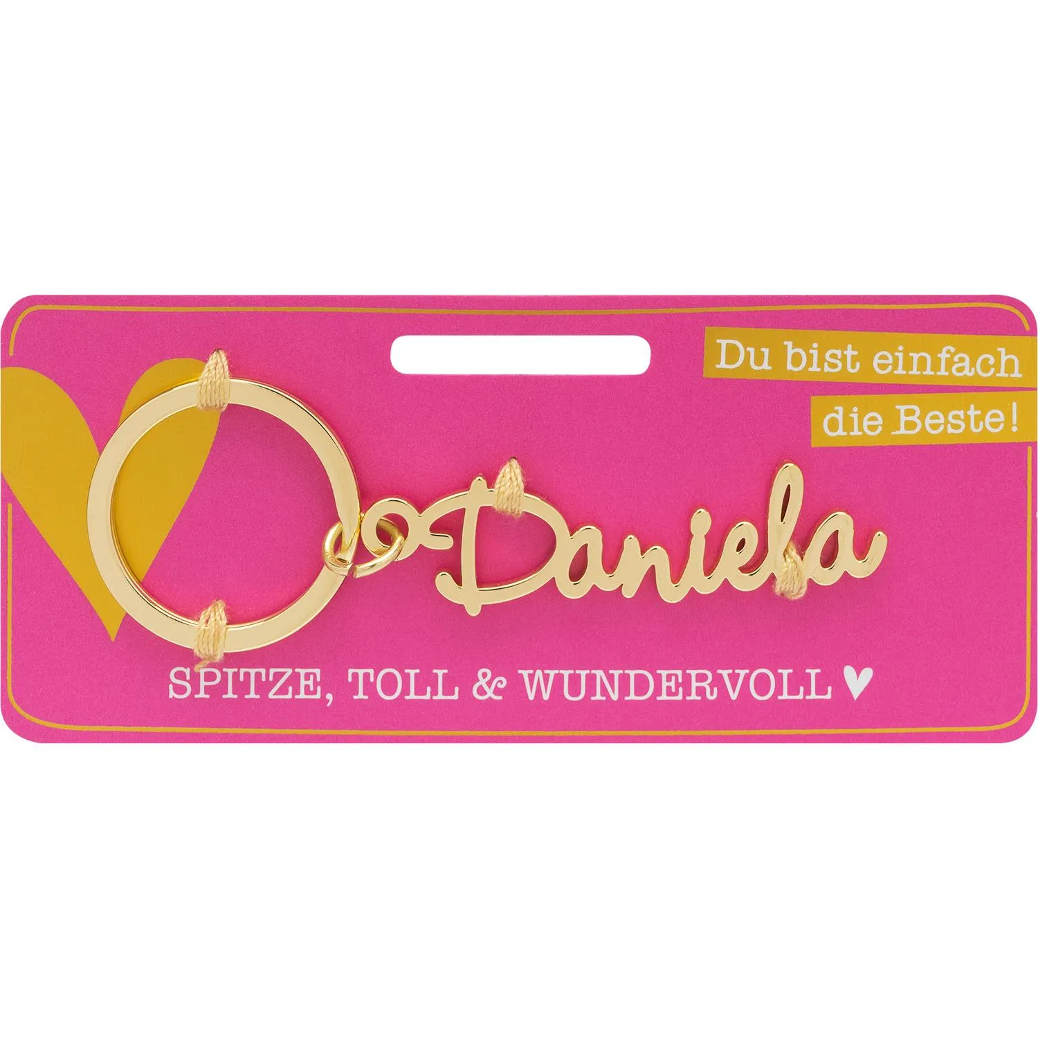 Namens-Schlüsselanhänger Daniela aus Edelstahl mit goldener Gravur am Ring, pinke Verpackung