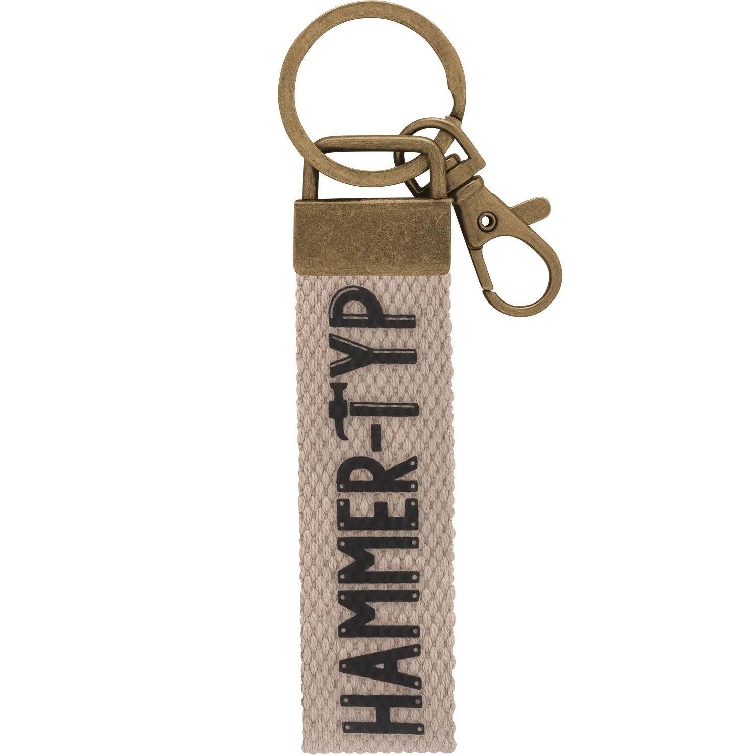 Beiger Canvas-Schlüsselanhänger mit schwarzem HAMMER-TYP Schriftzug und Messing-Haken.
