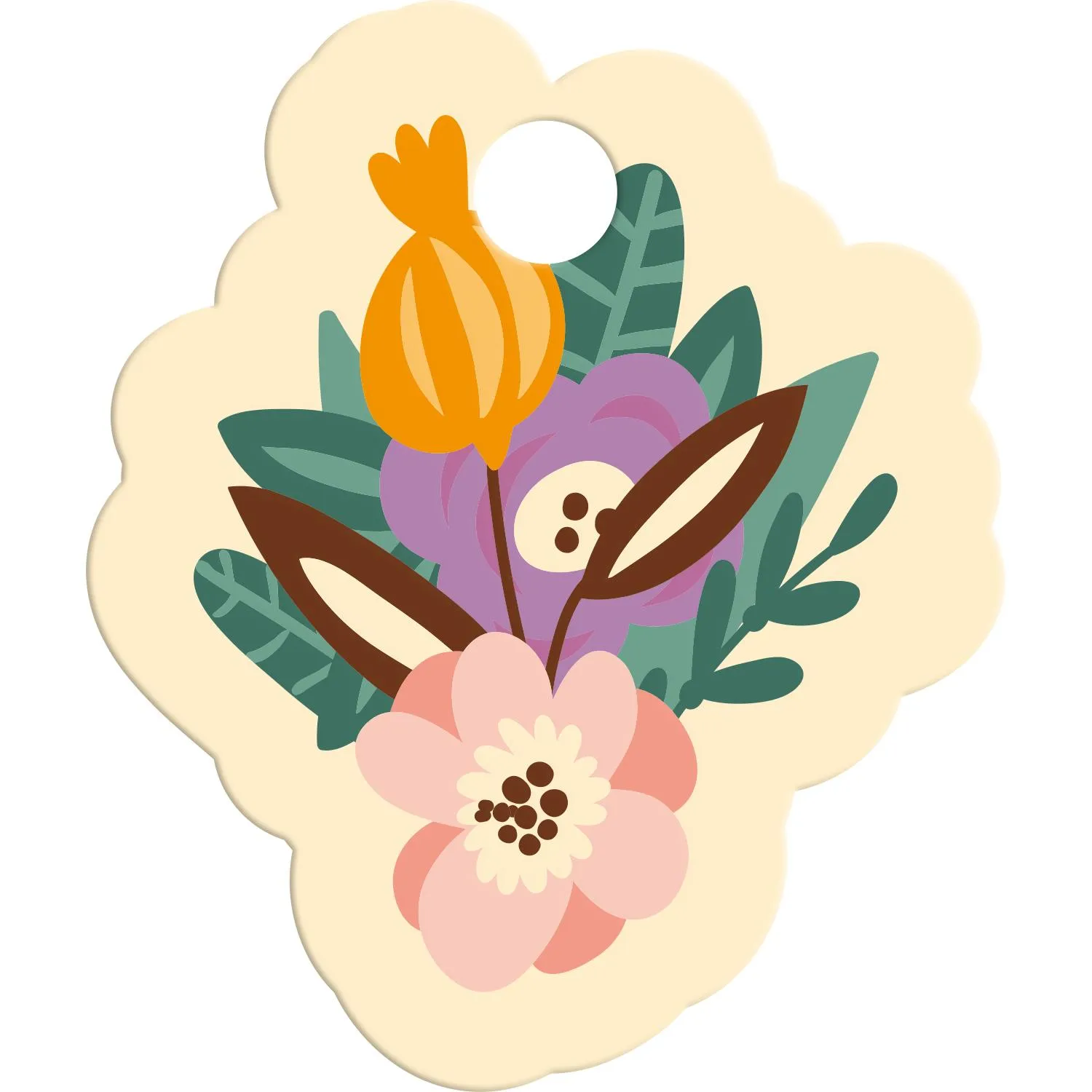 Pastellfarbenes Blumen-Layout als Anhänger mit orange, lila und rosa Blüten und grünen Blättern.