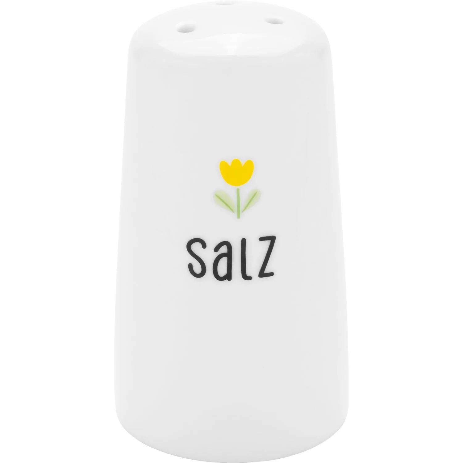 Weißer Porzellan-Salzstreuer mit gelber Tulpe und Salz-Schriftzug
