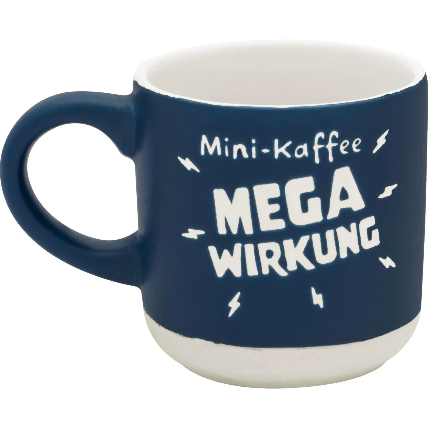 Dunkelblaue Espressotasse mit weißem Innenraum und Mega-Wirkung-Spruch