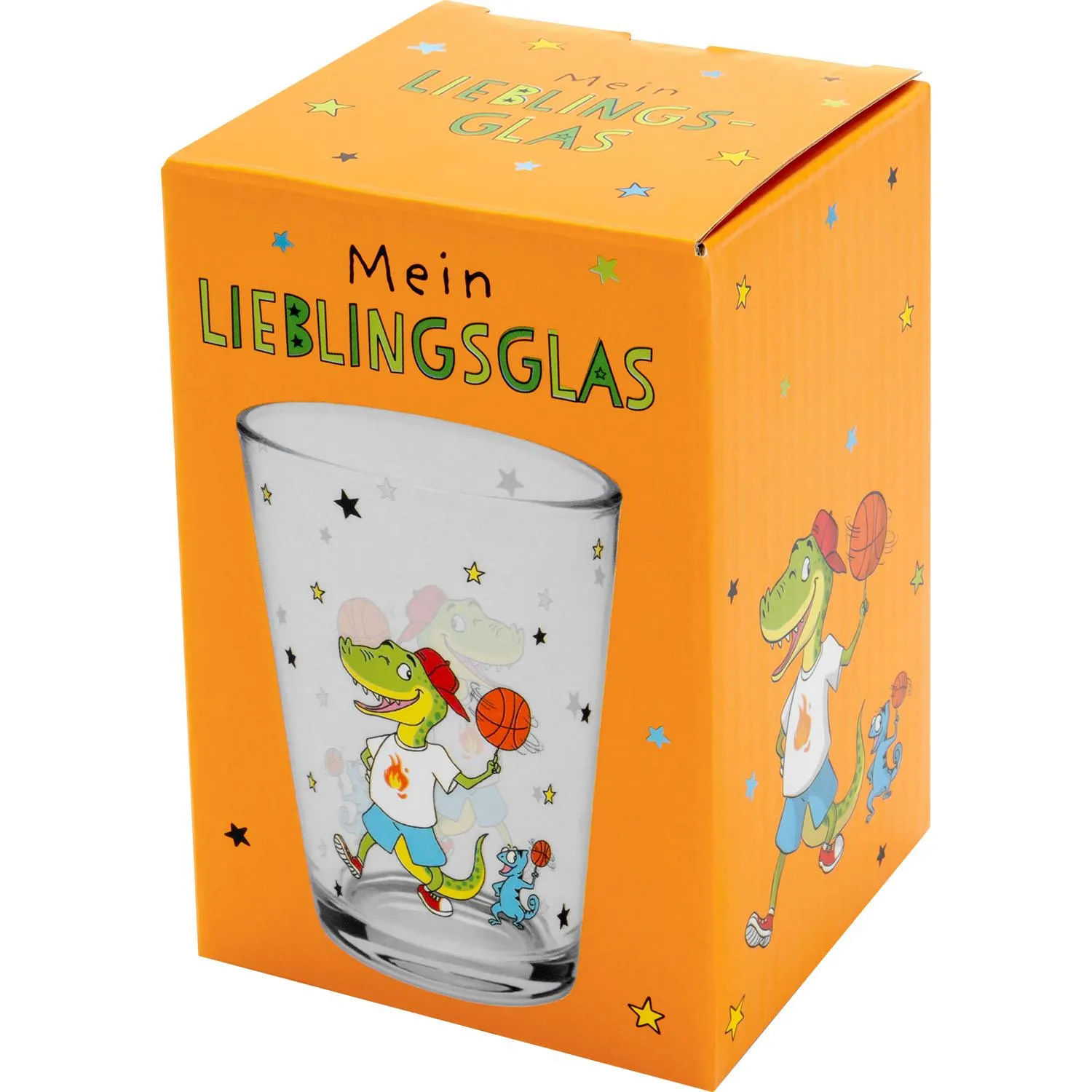 Trinkglas Dino aus Glas in Geschenkbox mit Dinosaurier-Motiv, ideal zum Schulstart.