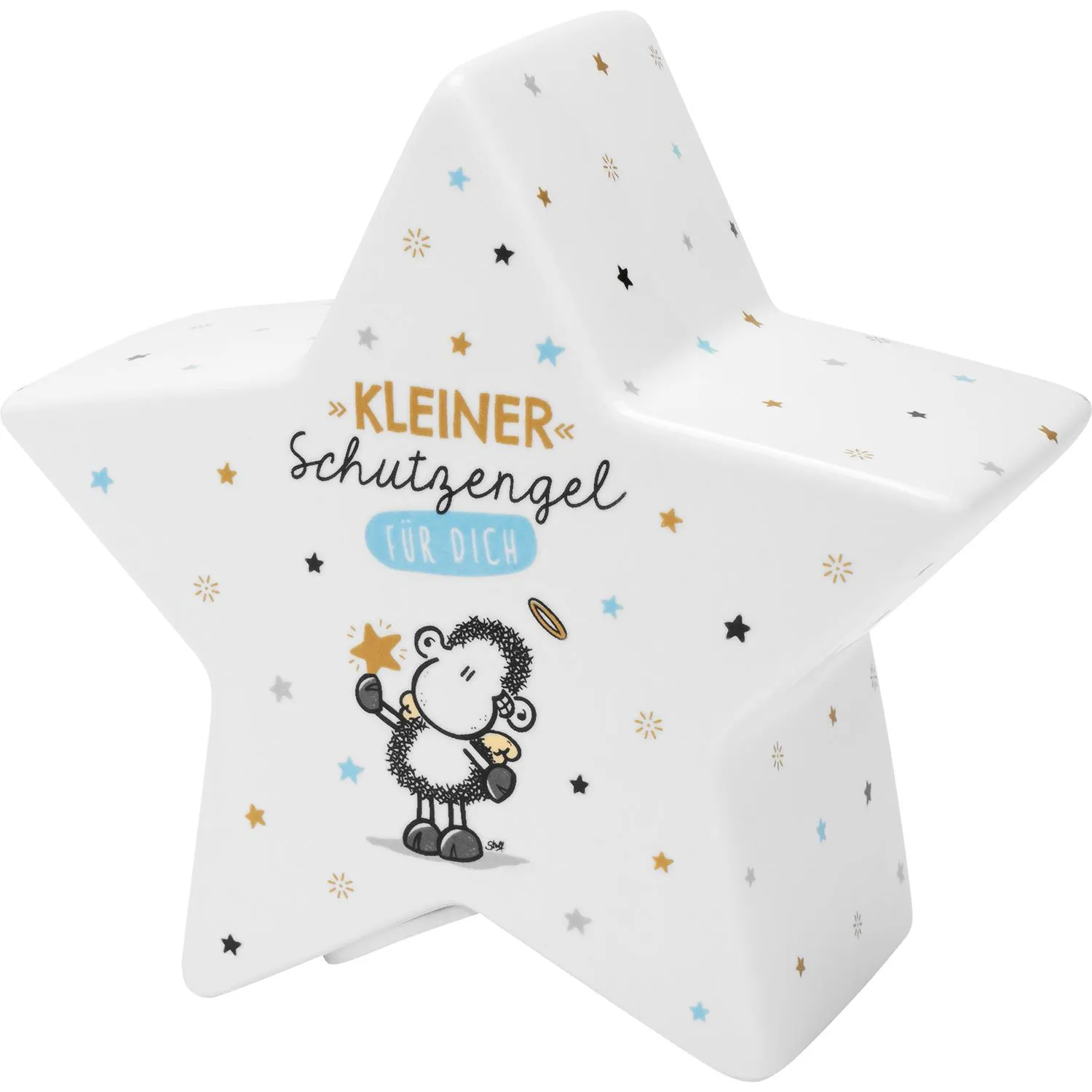 Weiße sternförmige Spardose aus Steinzeug mit Schutzengel-Motiv und Golddruck