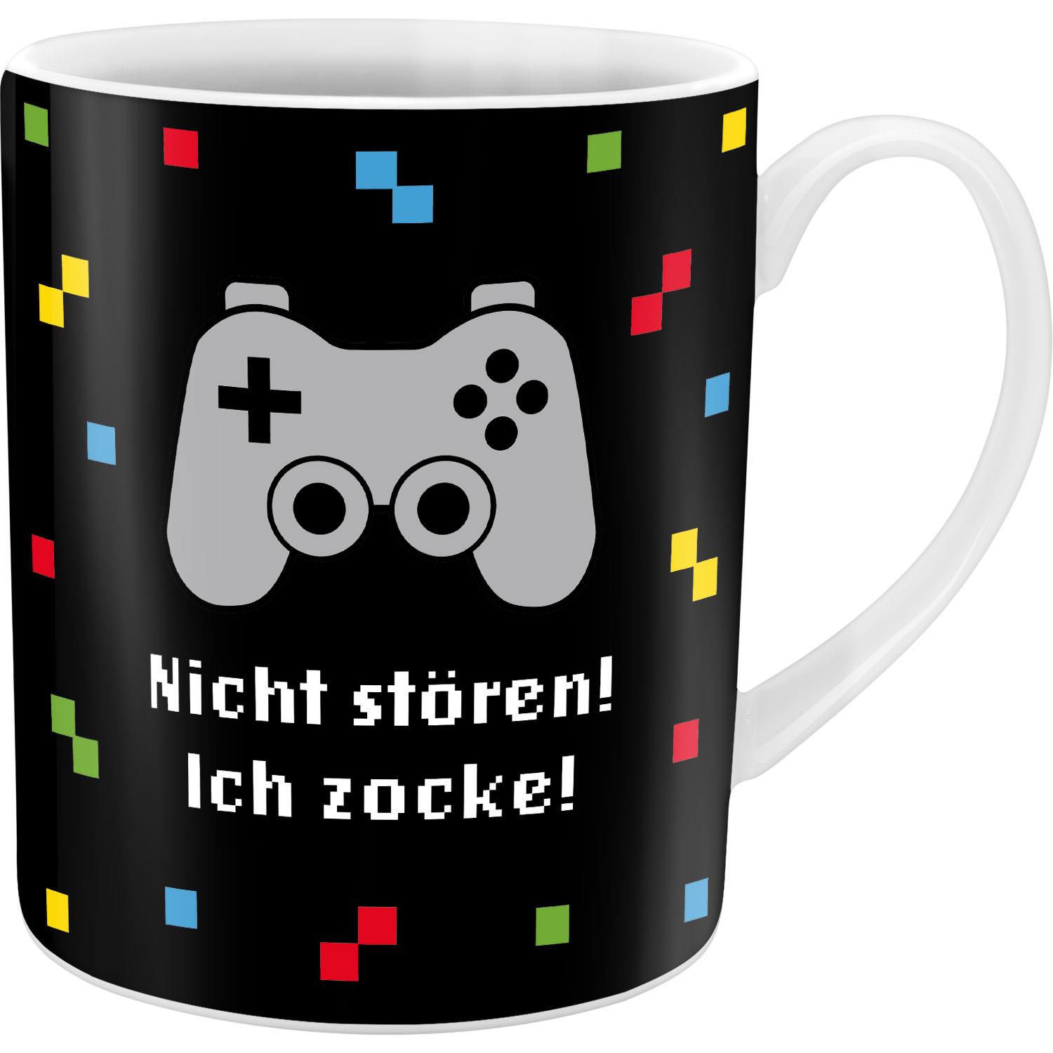 Schwarze XL-Tasse mit Gamecontroller-Motiv und Spruch 'Nicht stören! Ich zocke!'