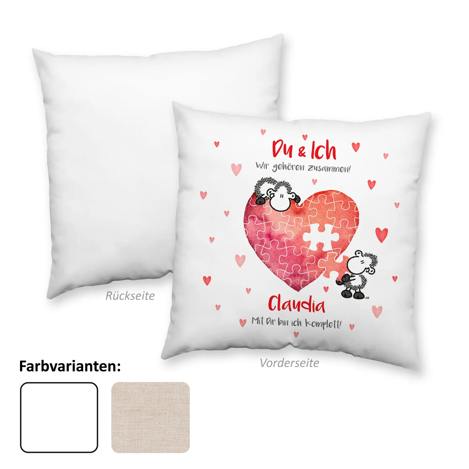 Weißes personalisiertes Kissen mit rotem Herz-Puzzle und Schäfchen – Name Claudia.