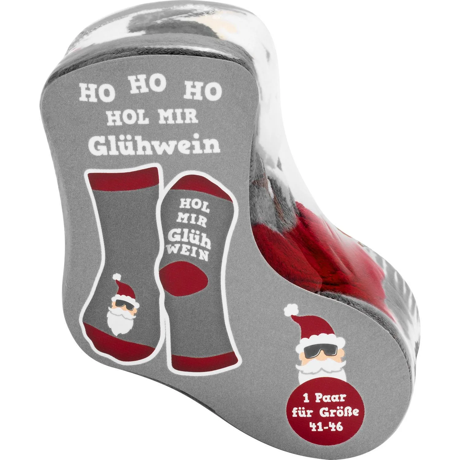 Graue Zaubersocken mit Glühwein-Spruch und Santa-Motive